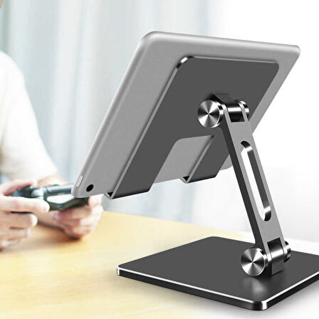 MasaÜstü Telefon Tablet Standı Ağır Metal Taban, Katlanabilir, 180° Dönen Çift Dirsekli Tutucu Gri