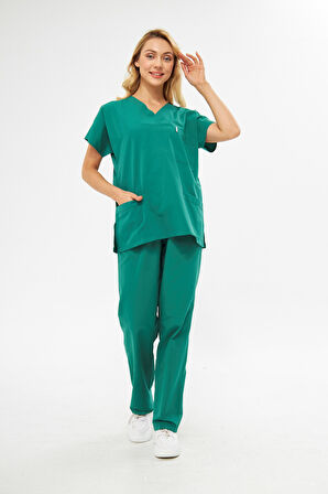 Mervem Takım V Yaka Tree Cotton Hemşire Üniforma Yeşil