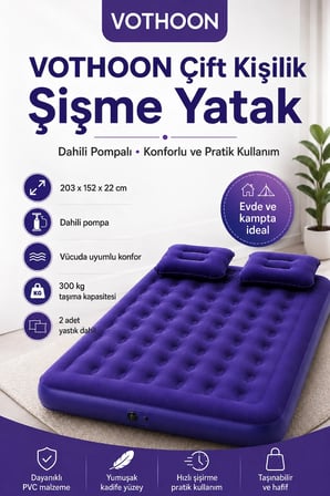 Çift Kişilik Şişme Yatak Dahili Pompalı 203x152x22 Cm 2 Yastıklı