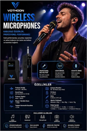 Mikrofon Seti Uhf Çift Kanal Profesyonel El Mikrofonu 50-80m Menzil