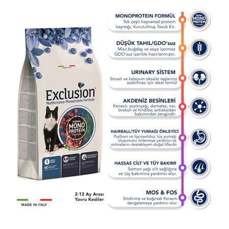Exclusion Monoprotein Düşük Tahıllı Tavuklu Narlı ve Yaban Mersinli Yavru Kedi Maması 12 Kg