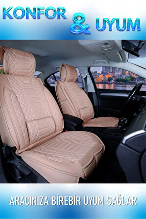 Peugeot e-208 Uyumlu Lüx Deri Oto Koltuk Kılıfı Ön Arka Takım Set RYL Serisi BEJ