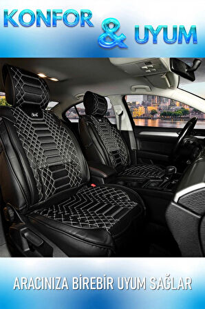 Volkswagen Jetta Mk 5 2005-2010 Uyumlu Lüx Deri Oto Koltuk Kılıfı Ön Arka Takım Set RYL Serisi SİYAH BEYAZ
