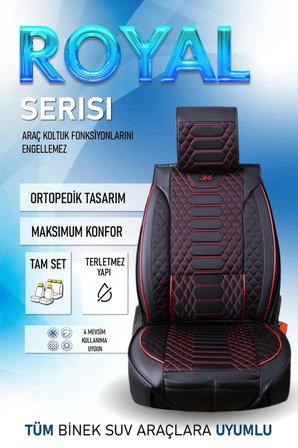 Peugeot 406 Uyumlu Lüx Deri Oto Koltuk Kılıfı Ön Arka Takım Set RYL Serisi SİYAH KIRMIZI