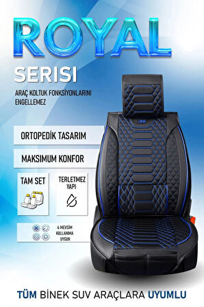 Fiat Linea Active Plus Uyumlu Lüx Deri Oto Koltuk Kılıfı Ön Arka Takım Set RYL Serisi SİYAH MAVİ