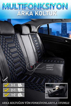Toyota Corolla E170 2013-2018 Uyumlu Lüx Deri Oto Koltuk Kılıfı Ön Arka Takım Set RYL Serisi SİYAH MAVİ