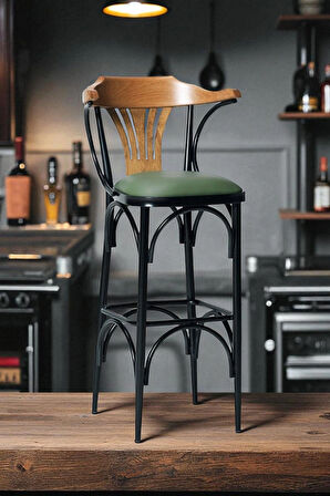 Bar Sandalyesi Yeşil-kahve-t169/75 - Oturma Yüksekliği 75cm - Metal Iskelet - Ahşap Sırt Ve Kolçak