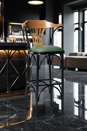 Bar Sandalyesi Yeşil-kahve-t169/75 - Oturma Yüksekliği 75cm - Metal Iskelet - Ahşap Sırt Ve Kolçak