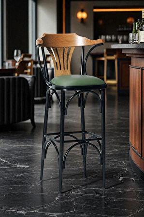 Bar Sandalyesi Yeşil-kahve-t169/75 - Oturma Yüksekliği 75cm - Metal Iskelet - Ahşap Sırt Ve Kolçak