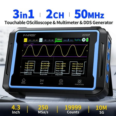 Fnirsi 2C53P 3in1 50MHz 2 Kanal 250MSa/s El Tipi Dijital Tablet Osiloskop & Multimetre & Sinyal Jeneratörü