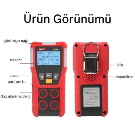 UNI-T UT334E+ Gaz Ölçüm Cihazı Oksijen Karbon Monoksit Hidrojen Sülfür Yanıcı Gaz Dedektörü