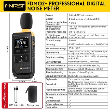 FNIRSI FDM02 Dijital Ölçüm Cihazları Ses Seviyesi Ölçer Desibel Metre 30-130 dB A/C
