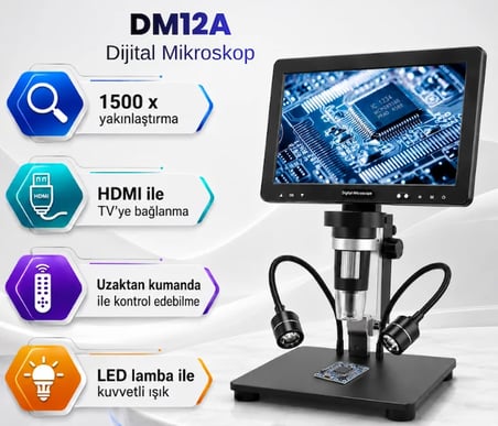 OEM DM12A Dijital Mikroskop 10.1 İnç IPS Ekran 1500X Büyütme HDMI Siyah