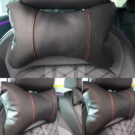 Seat Leon Style Plus Araç İçi Deri Boyun Yastığı 2'li Set Takım Oto Koltuk Başlığı Seyahat Yastığı SİYAH KIRMIZI