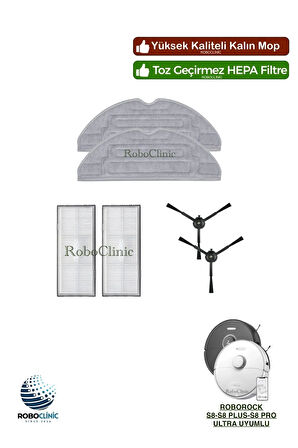 Roborock S8 / S8 Plus / S8 Pro Ultra Robot Süpürge Uyumlu Yedek Hepa Filtre, Yan Fırça, Mop-6 Parça