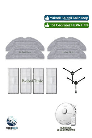 Roborock S8 Sonic Mopping Robot Süpürge Uyumlu Yedek Hepa Filtre, Yan Fırça, Mop Seti-10 Parça