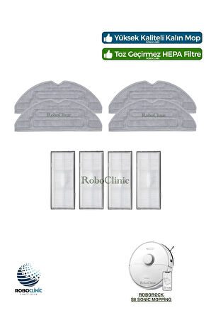 Roborock S8 Sonic Mopping Robot Süpürge Uyumlu Yedek Hepa Filtre, Mop Seti-8 Parça