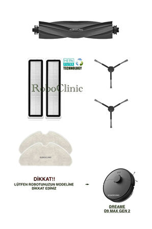 Dreame D9 Max Gen 2 Robot Süpürge Uyumlu Fırça, Hepa Filtre, Mop Seti-7 Parça