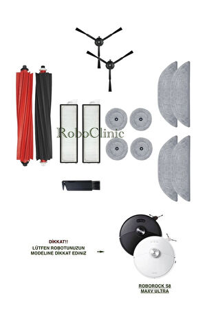 Roborock S8 MaxV Ultra Uyumlu Fırçalar,Hepa Filtre,Mop,Kenar Mop Seti-15 Parça