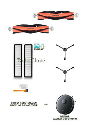 Dreame Vacuum Mop L10 Pro Siyah Robot Süpürge Uyumlu Fırça,Hepa Filtre,Set-8 Parça
