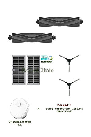 Dreame L40 Ultra CE Robot Süpürge Uyumlu Yedek Fırça, Hepa Filtre Seti-6 Parça