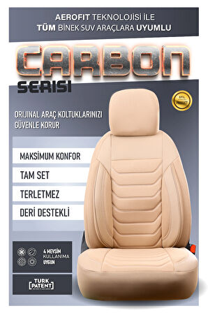 Citroen e-C4 ile Uyumlu Lüx Deri Detaylı Oto Koltuk Kılıfı Ön Arka Takım Carbon Serisi BEJ