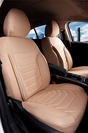 Fiat Egea Comfort ile Uyumlu Lüx Deri Detaylı Oto Koltuk Kılıfı Ön Arka Takım Carbon Serisi BEJ