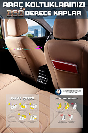 Renault Fluence 2010-2013 ile Uyumlu Lüx Deri Detaylı Oto Koltuk Kılıfı Ön Arka Takım Carbon Serisi BEJ