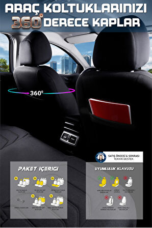 Renault Megane E-Tech ile Uyumlu Lüx Deri Detaylı Oto Koltuk Kılıfı Ön Arka Takım Carbon Serisi SİYAH
