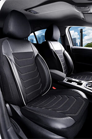 Renault Laguna Station Wagon ile Uyumlu Lüx Deri Detaylı Oto Koltuk Kılıfı Ön Arka Takım Carbon Serisi SİYAH BEYAZ