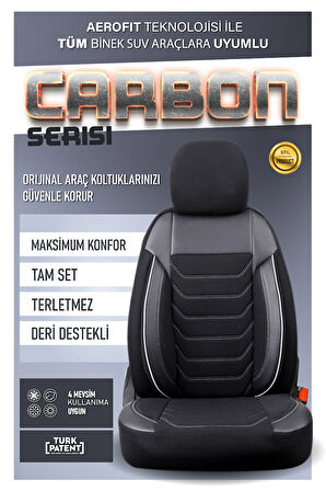 Renault Safrane ile Uyumlu Lüx Deri Detaylı Oto Koltuk Kılıfı Ön Arka Takım Carbon Serisi SİYAH BEYAZ