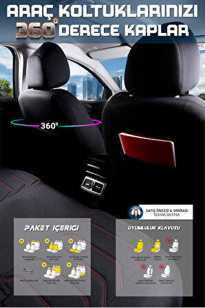 Chery Tiggo 7 Pro Comfort ile Uyumlu Lüx Deri Detaylı Oto Koltuk Kılıfı Ön Arka Takım Carbon Serisi SİYAH KIRMIZI
