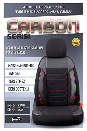 Fiat Egea Mirror ile Uyumlu Lüx Deri Detaylı Oto Koltuk Kılıfı Ön Arka Takım Carbon Serisi SİYAH KIRMIZI