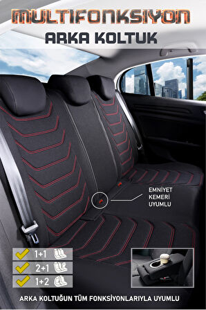 Opel Mokka X ile Uyumlu Lüx Deri Detaylı Oto Koltuk Kılıfı Ön Arka Takım Carbon Serisi SİYAH KIRMIZI