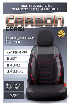 Renault Clio 3 Hatchback ile Uyumlu Lüx Deri Detaylı Oto Koltuk Kılıfı Ön Arka Takım Carbon Serisi SİYAH KIRMIZI