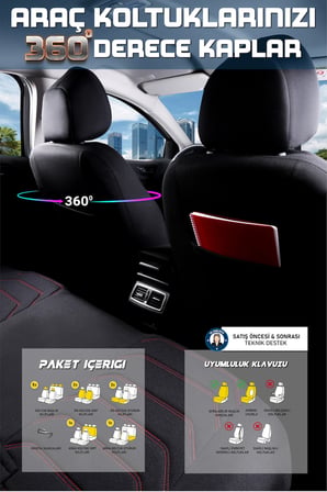 Renault Clio 3 Hatchback ile Uyumlu Lüx Deri Detaylı Oto Koltuk Kılıfı Ön Arka Takım Carbon Serisi SİYAH KIRMIZI