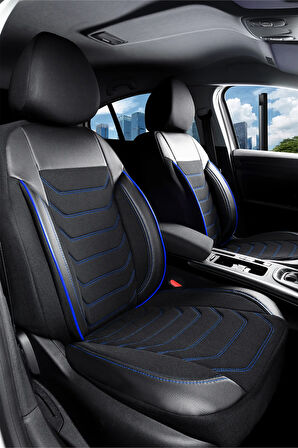 Fiat Egea Lounge Plus ile Uyumlu Lüx Deri Detaylı Oto Koltuk Kılıfı Ön Arka Takım Carbon Serisi SİYAH MAVİ