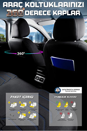 Ford Focus 5 Hatchback ile Uyumlu Lüx Deri Detaylı Oto Koltuk Kılıfı Ön Arka Takım Carbon Serisi SİYAH MAVİ