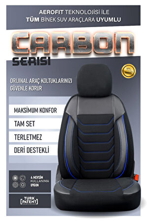 Suzuki S-Cross ile Uyumlu Lüx Deri Detaylı Oto Koltuk Kılıfı Ön Arka Takım Carbon Serisi SİYAH MAVİ