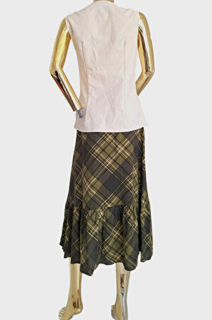 RESERVED VİSKON DİZALTI FIRFIR DETAYLI EKOSE HAKİ ASKER YEŞİLİ ETEK 