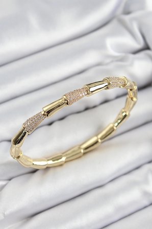Pirinç Zirkon Taşlı Kemik Model Gold Renk Vip Kadın Bileklik