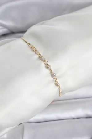 Gold Renk Zincir Model Zirkon Taşlı Pirinç Asansörlü Kadın Bileklik