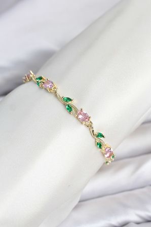 Pirinç Gold Renk Pembe Zirkon Taşlı Çiçek Model Kadın Bileklik