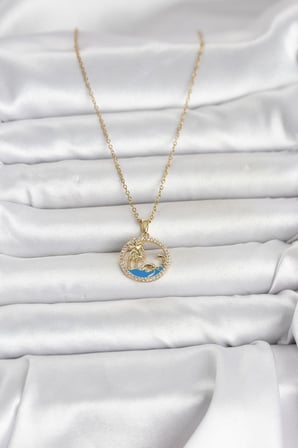 316L Çelik Zincir Gold Renk Zirkon Taşlı Deniz Temalı Kadın Kolye