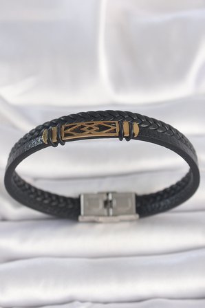 316L Çelik Gold Renk Aksesuarlı Çift Sıra Siyah Burgu Desenli Deri Kordon Erkek Bileklik