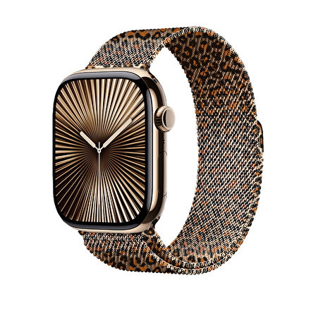 Apple Watch - SE/SE 2 /4/5/6 44mm Mıknatıslı Leopar Desenli Tel Örgü Metal Kordon Çeliğin Zarafeti !