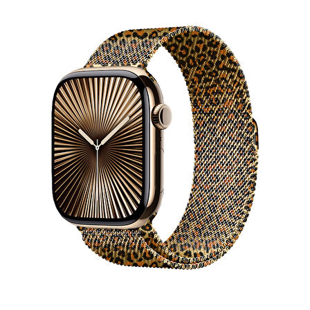 Apple Watch - SE/1/2/3 38mm Mıknatıslı Leopar Desenli Tel Örgü Metal Kordon Çeliğin Zarafeti !