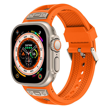 Apple Watch Ultra / Ultra2 49mm Hava Alan Delikli Silikon Kordon Metal Süslemeli, Sportif & Konforlu