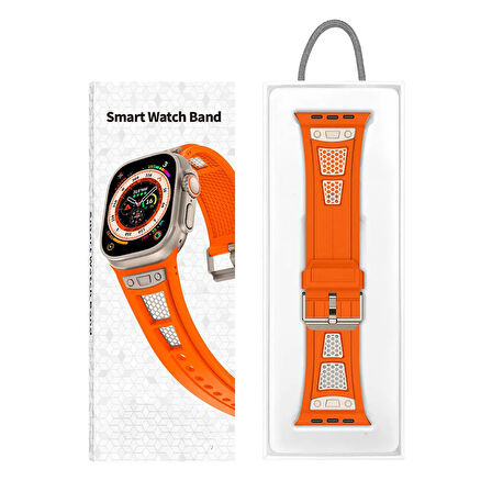 Apple Watch Ultra / Ultra2 49mm Hava Alan Delikli Silikon Kordon Metal Süslemeli, Sportif & Konforlu