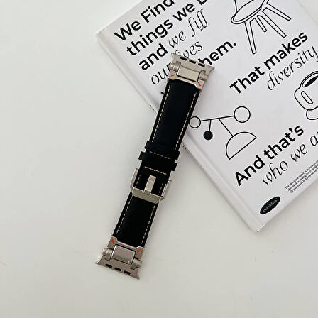 Apple Watch 1/2/3 Serisi 42mm Suni Deri Kordon Metal ve Derinin Muhteşem Uyumu Dayanıklı ve Pratik